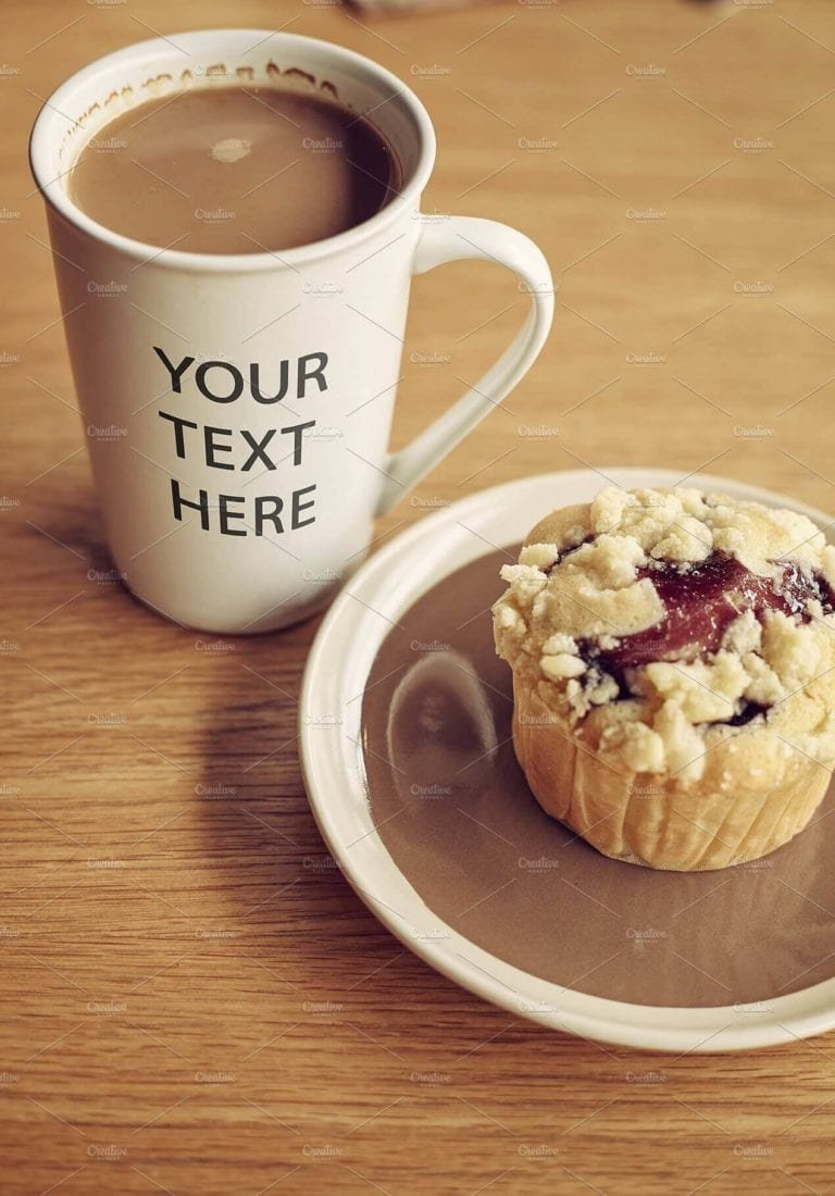 Big Coffee mug and delicious muffin MOCKUP