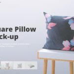 Square Pillow on wooden Table Mockup