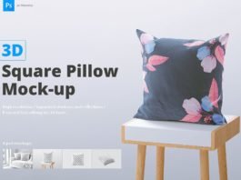 Square Pillow on wooden Table Mockup