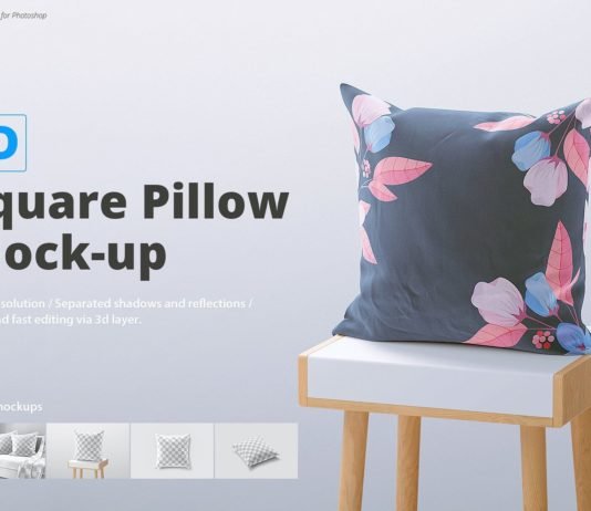 Square Pillow on wooden Table Mockup