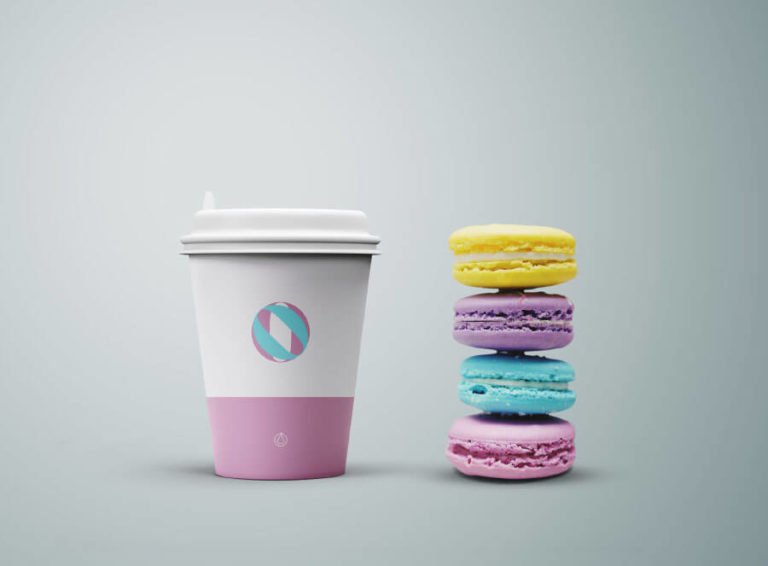 Free Front view Designed Coffee Cup Mockup with cookies