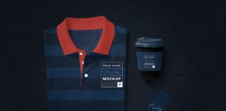 Free Modern Polo T-Shirt Mockup with coffee cup