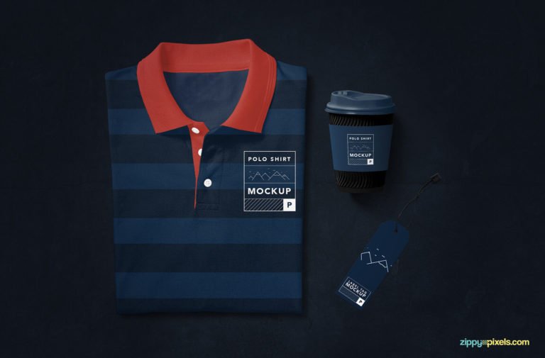 Free Modern Polo T-Shirt Mockup with coffee cup