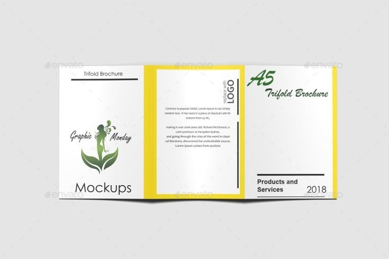 Photorealistic A5 Trifold Brochure Mockup – Mockup Den