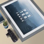 Free Poster Mockup with Plant pot and Camera lens