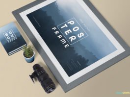 Free Poster Mockup with Plant pot and Camera lens