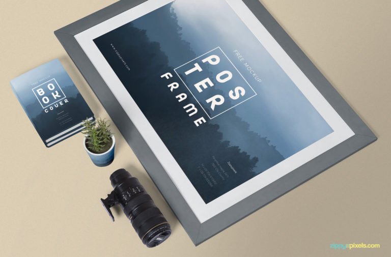 Free Poster Mockup with Plant pot and Camera lens