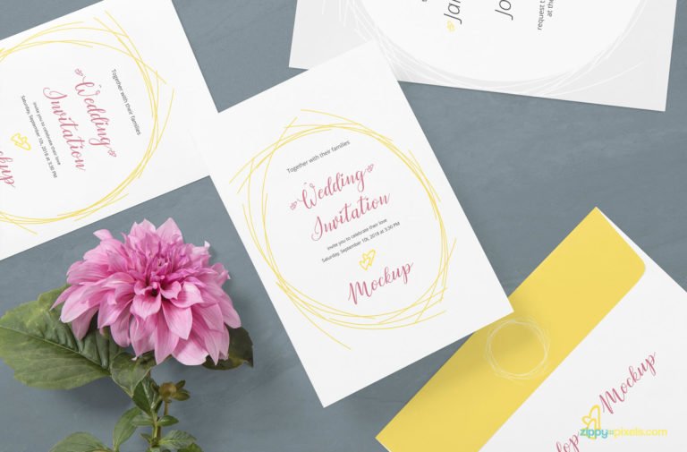 Free White Wedding Card Mockup with flower