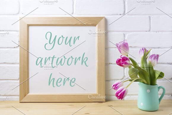 Wooden square frame mockup with flower