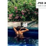 Men using Laptop mockup at the pool Men using Laptop mockup at the pool