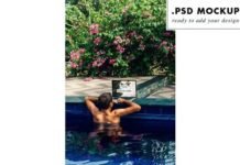 Men using Laptop mockup at the pool