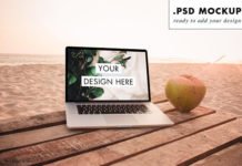 Photorealistic Paradise beach laptop with Coconut Mockup