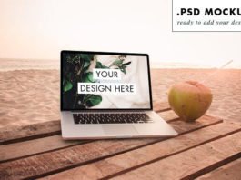 Photorealistic Paradise beach laptop with Coconut Mockup