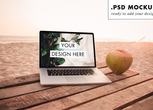 Photorealistic Paradise beach laptop with Coconut Mockup