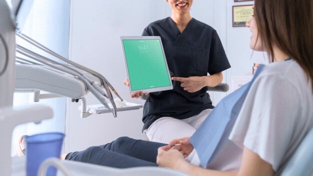 Free Photorealistic Dentist holding tablet mockup
