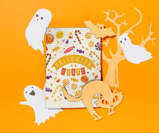 Free Psd Halloween Card Cover mockup with Ghost and Cat
