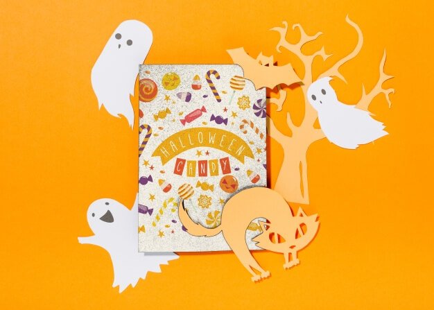 Free Psd Halloween Card Cover mockup with Ghost and Cat