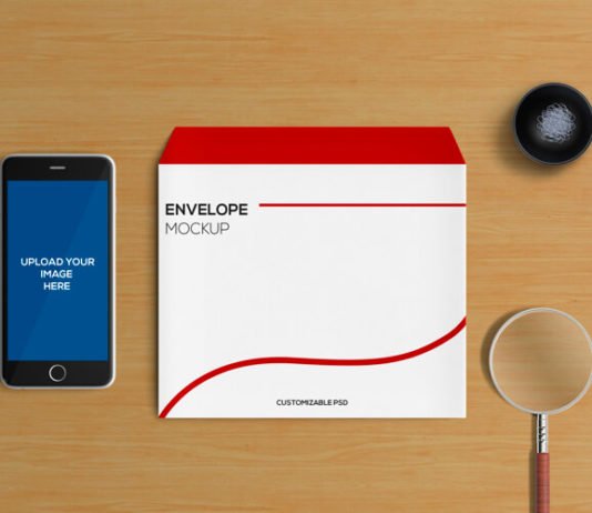 Free psd smartphone mockup with a magnifying glass