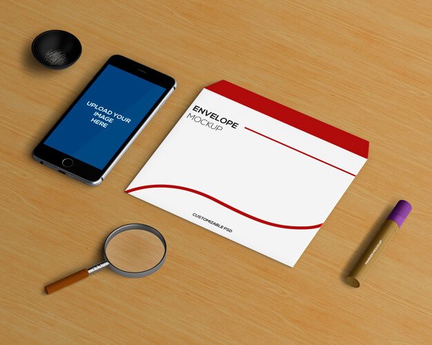 PSD smartphone mockup with envelope and marker