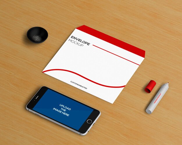 Smartphone mockup with Envelope and Stationery elements