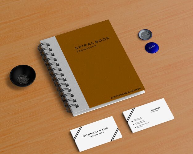 Free Spiral book mockup with Stationery concept