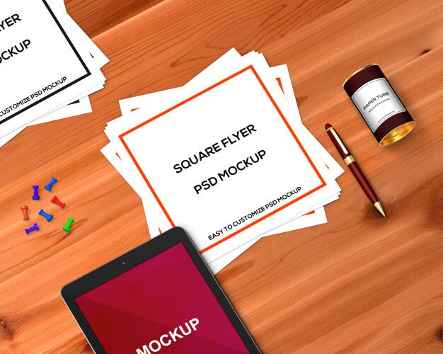 Free PSD square flyer mockup with Pen