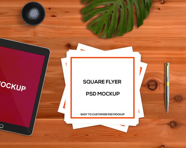 Free Square flyer PSD mockup with Stationery concept