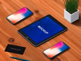 Free PSD Tab Mockup with Stationery concept Items