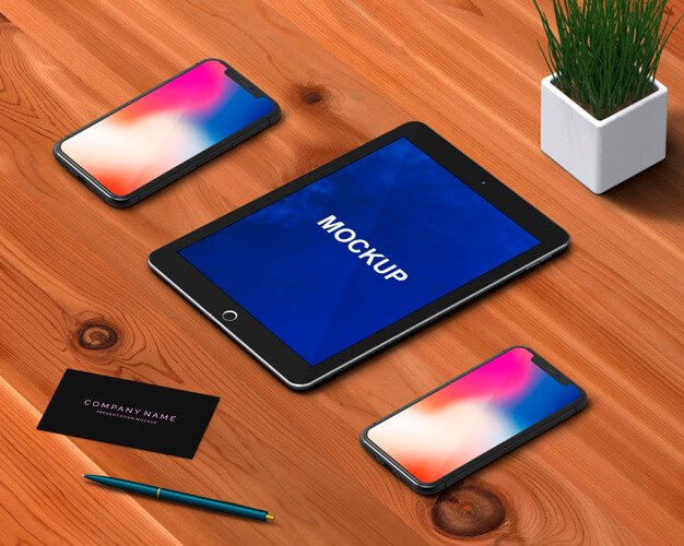 Free PSD Tab Mockup with Stationery concept Items