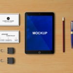 Free Tablet mockup with Office stationery elements