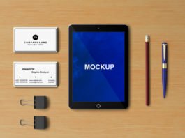 Free Tablet mockup with Office stationery elements