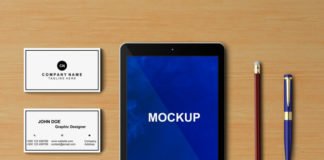 Free Tablet mockup with Office stationery elements