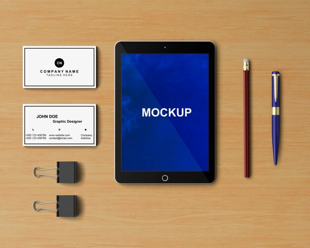 Free Tablet mockup with Office stationery elements