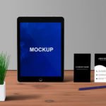 Free Front facing Tablet mockup with Office items