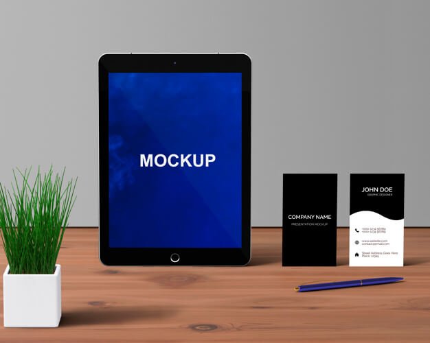 Free Front facing Tablet mockup with Office items