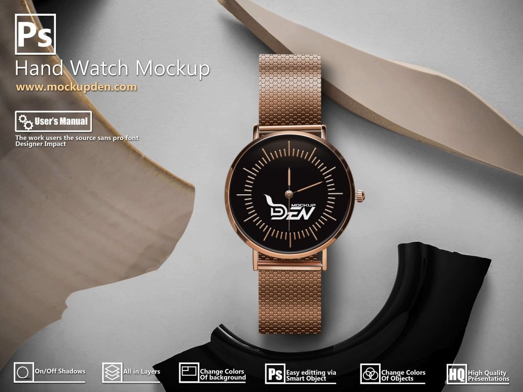 Free Golden Hand Watch Mockup PSD Template - Mockup Den