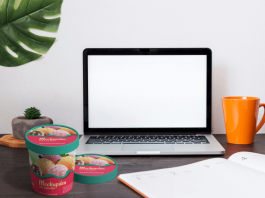 Free Ice Cream Cup On Work Table Mockup