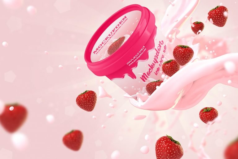 Free Strawberry Ice Cream Jar Mockup PSD Template