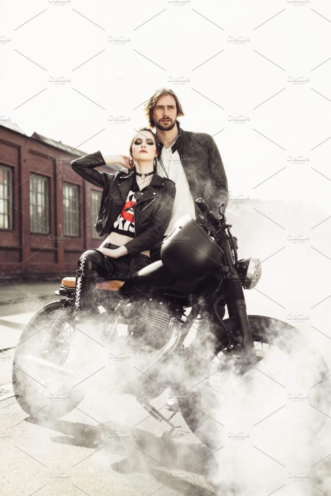 A Couple Is Standing Near A Motorcycle PSD Mockup