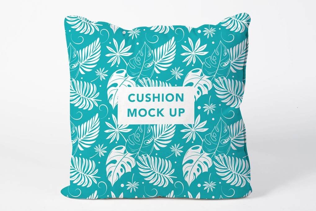 Blue Cushion With Printed Leaves Mockup