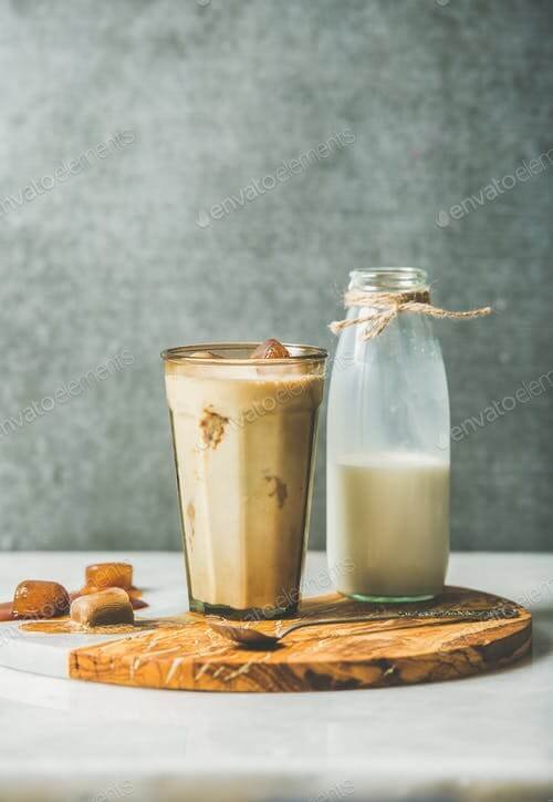 Caramel Latte Coffee Cocktail With A Milk Bottle PSD Mockup