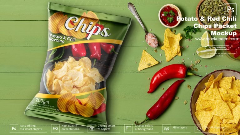 Free Chili Potato Chips Packet Mockup PSD Template