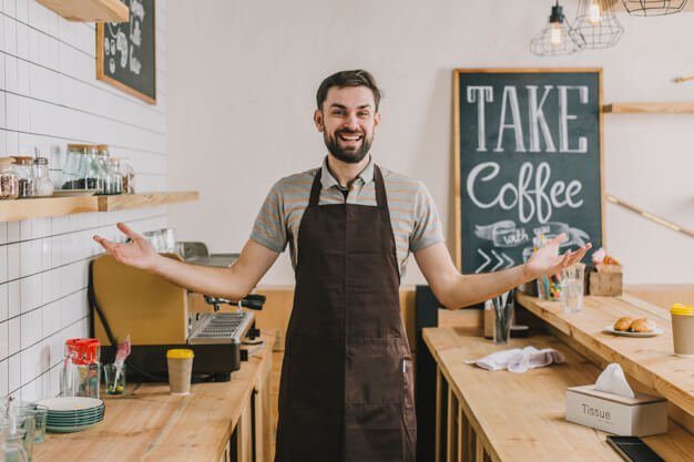 Friendly Man Wearing A Brown Apron PSD Design Template