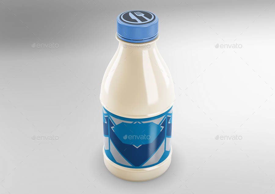Milk Bottle With Blue Label And Cap Mockup