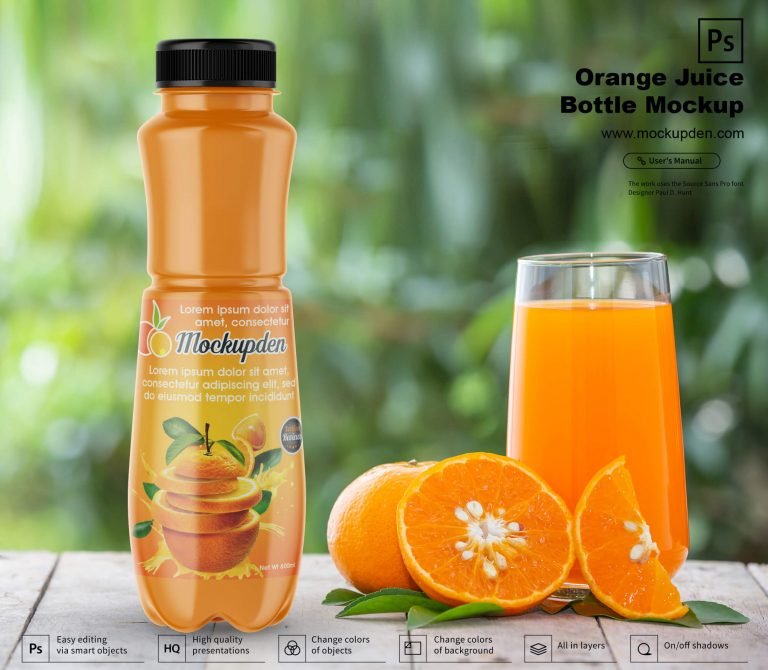 Free Orange Juice Bottle Mockup PSD Template