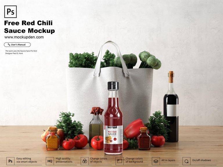 Free Red Chili Sauce Bottle Mockup PSD Template