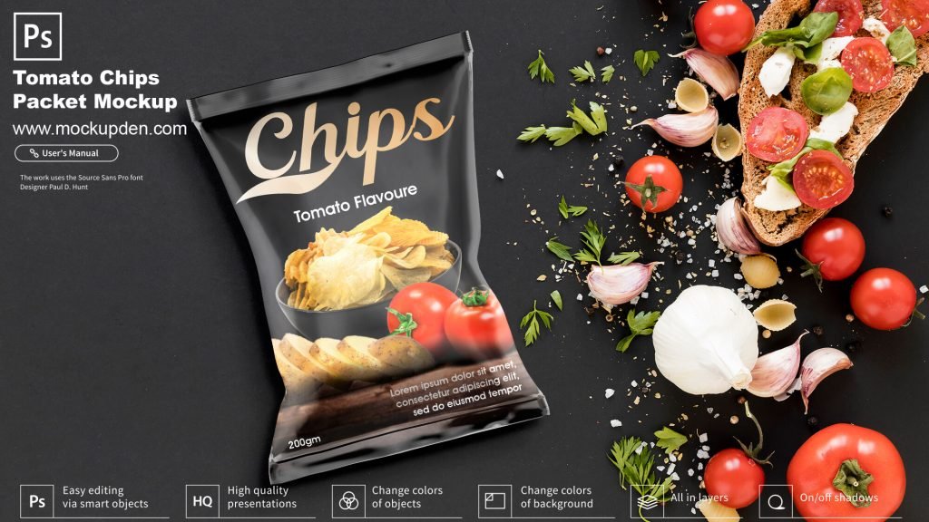 Download Free Tomato Chips Packet Mockup PSD Template | Mockup Den