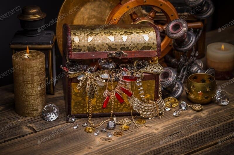 Treasury Full Of Jewelry And Vintage Utensils Mockup