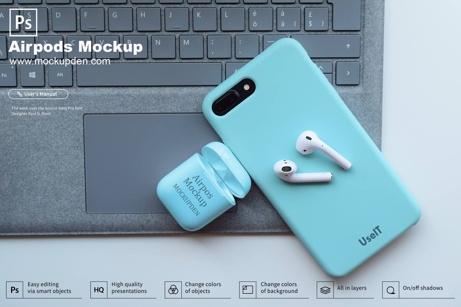 Download Free Blue Color Airpod Mockup PSD Template - Mockup Den