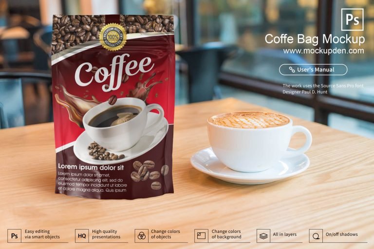 Free Red Color Coffee Bag Mockup PSD Template